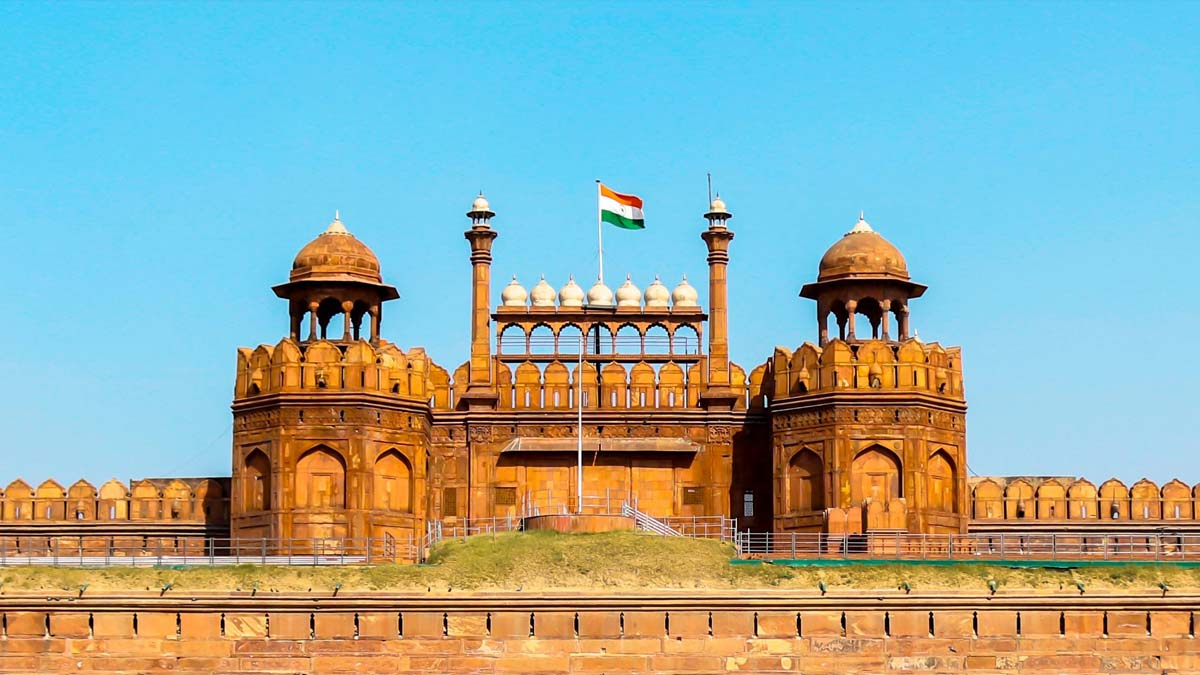 Red Fort with a flag on top