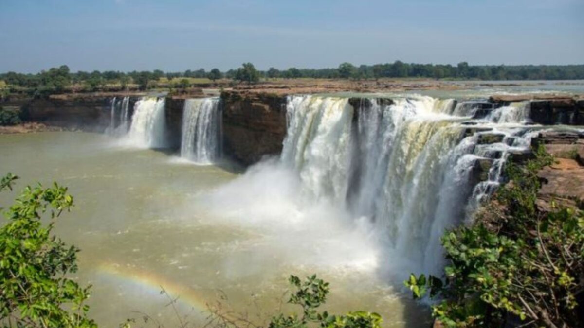 a large waterfall with a rainbow place name is Chitrakoot