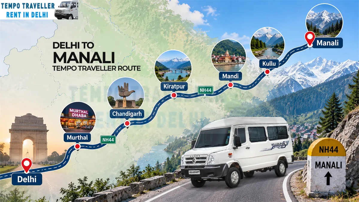 Delhi to Manali route map via NH44 showing Murthal, Chandigarh, Kiratpur, Mandi and Kullu