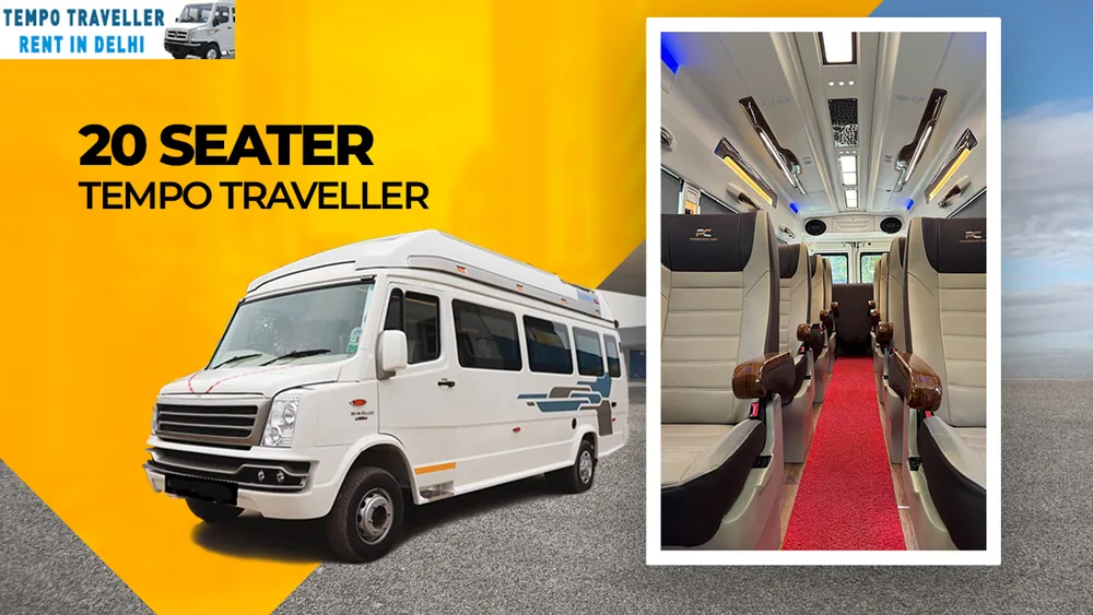 Interior of 20 seater tempo traveller with 2x2 pushback seats and rear sofa